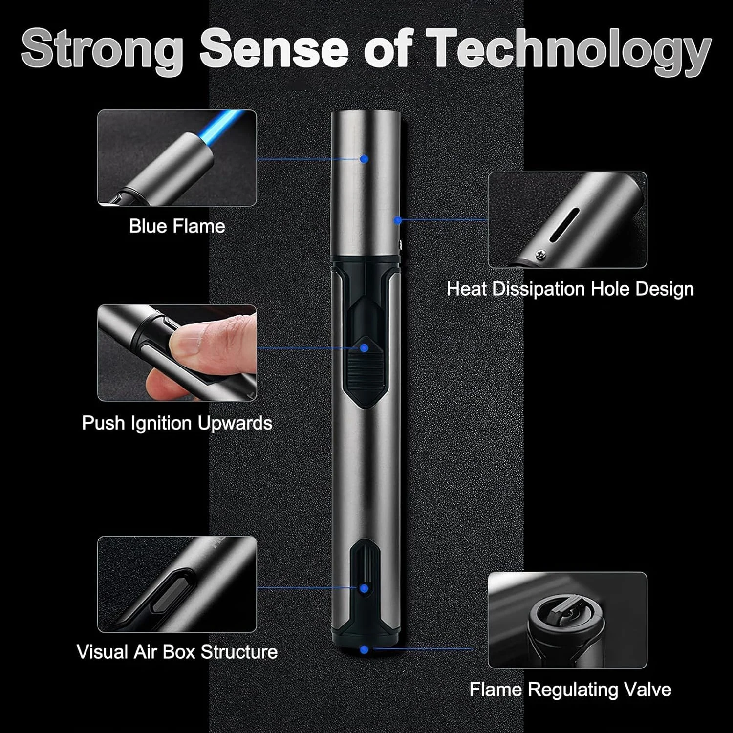 Schéma technique du briquet chalumeau : flamme bleue, dissipation thermique, réservoir visible