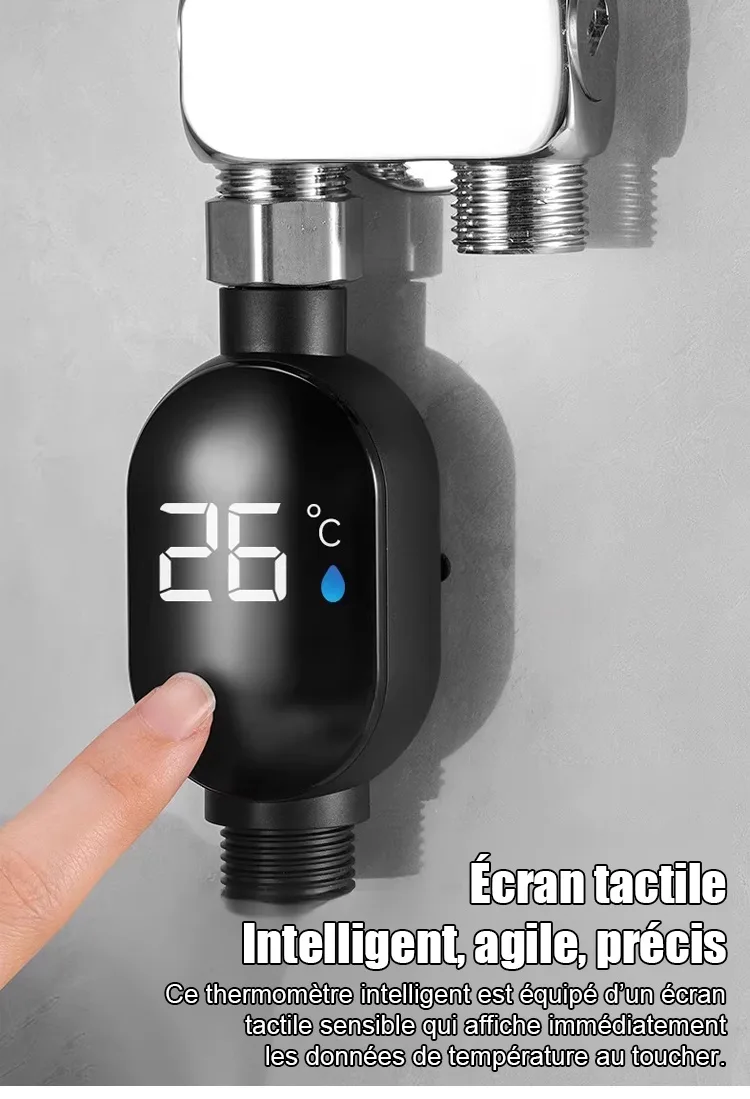 Gros plan sur l'écran tactile du thermomètre affichant 26°C