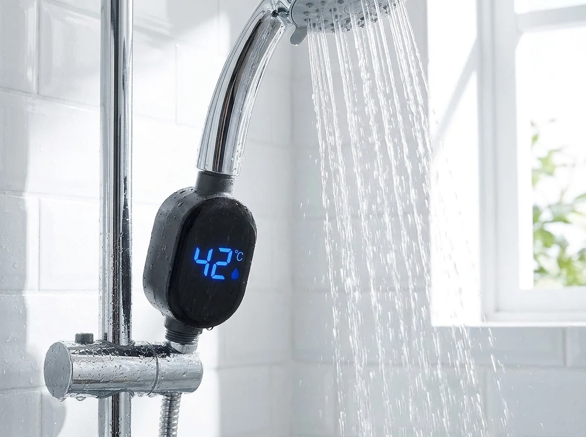 Thermomètre de douche installé sur une pomme de douche chromée, écran affichant 42°C